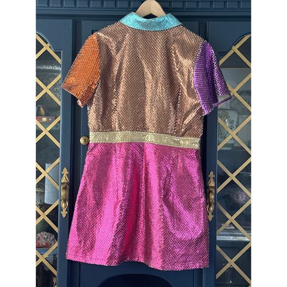 Queen of Sparkles Metallic Colorblock Dress Button Front short sleeve Large - Picture 6 of 12
